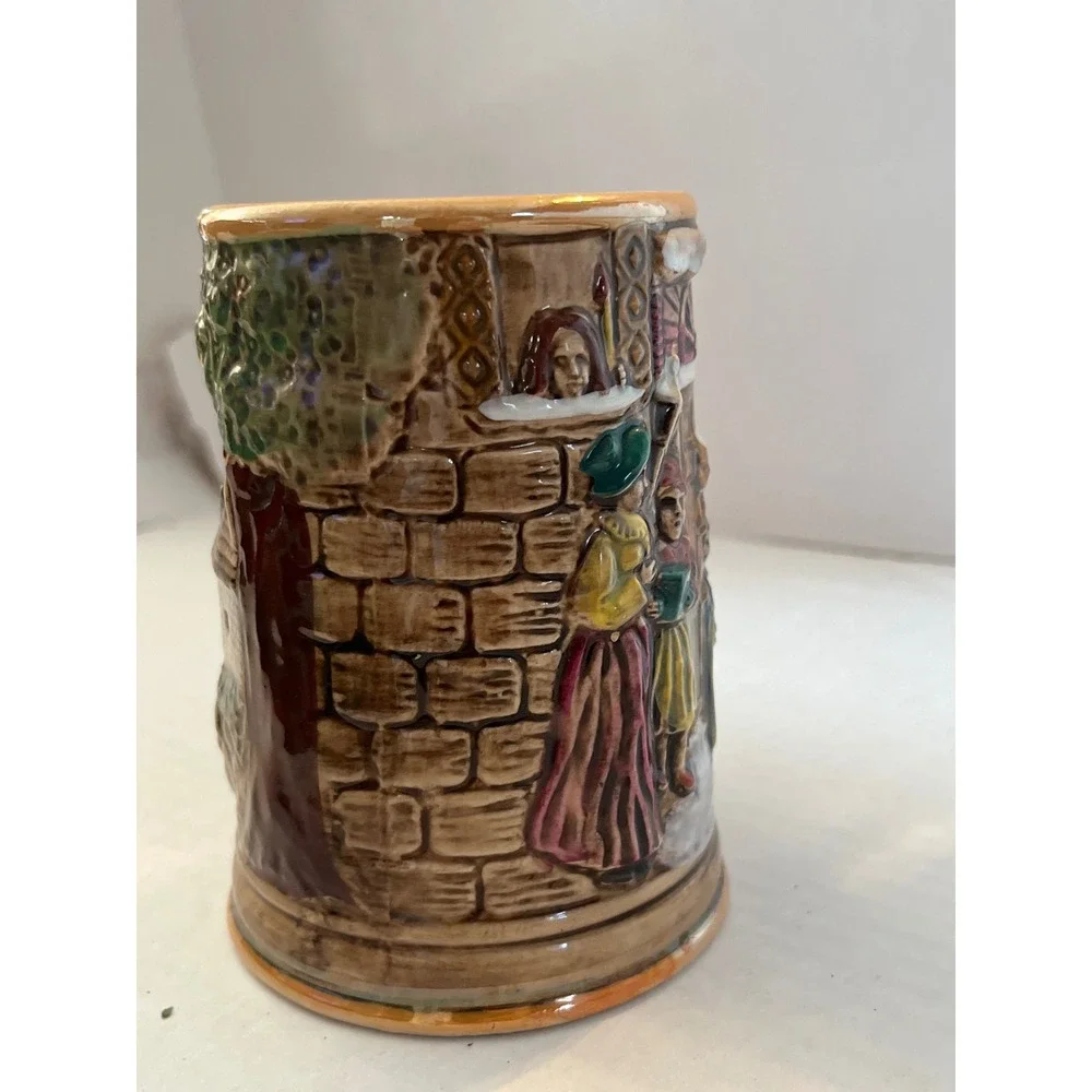 Vintage Christmas Carolers Castle 3D Relief‎ Ceramic Beer Stein Mug 5 Inch
